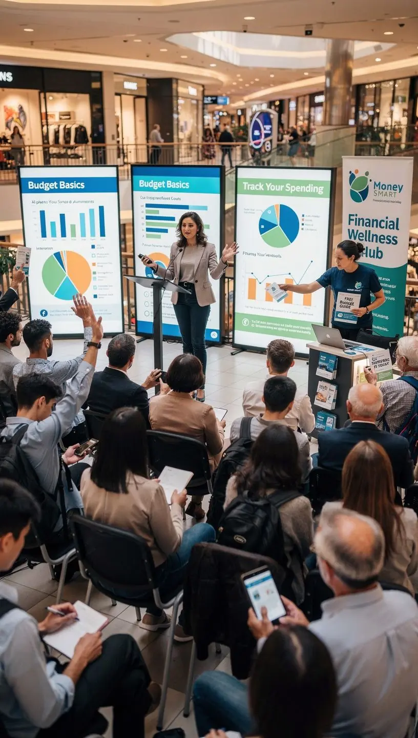 Zákazník si prezerá interaktívne nástroje na plánovanie rozpočtu na tablete pri vzdelávacom stánku.