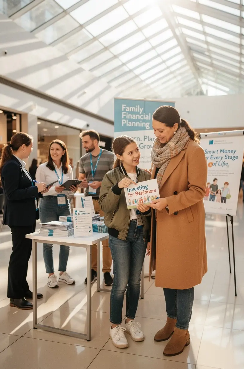 Predajný stánok s rôznorodými knihami a pomôckami na finančné vzdelávanie pre širokú verejnosť.
