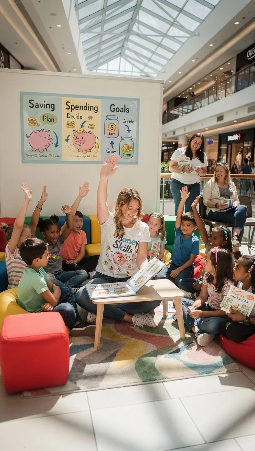 Stánok v nákupnom centre s knihami a nástrojmi na osobné financie a informačnými letákmi.