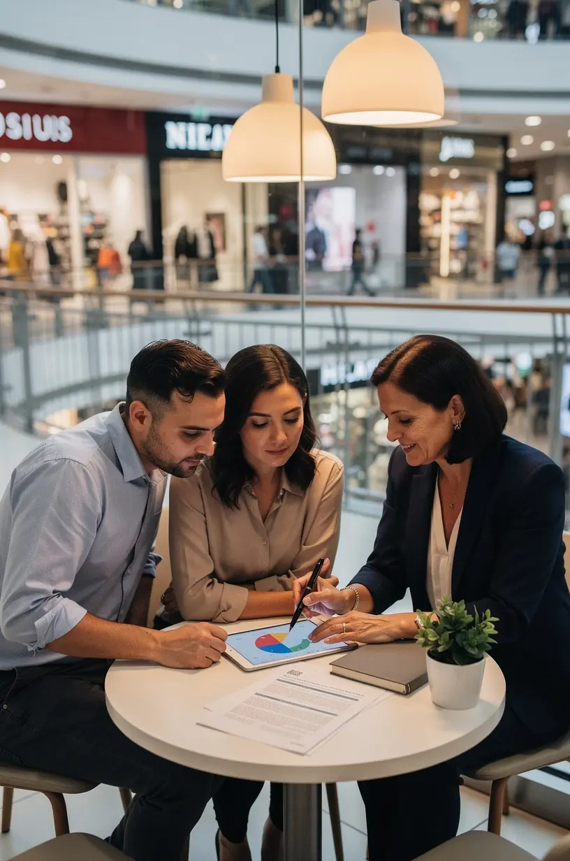 Osoba konzultuje so špecialistom na osobné financie pri vzdelávacom stánku v obchodnom dome.