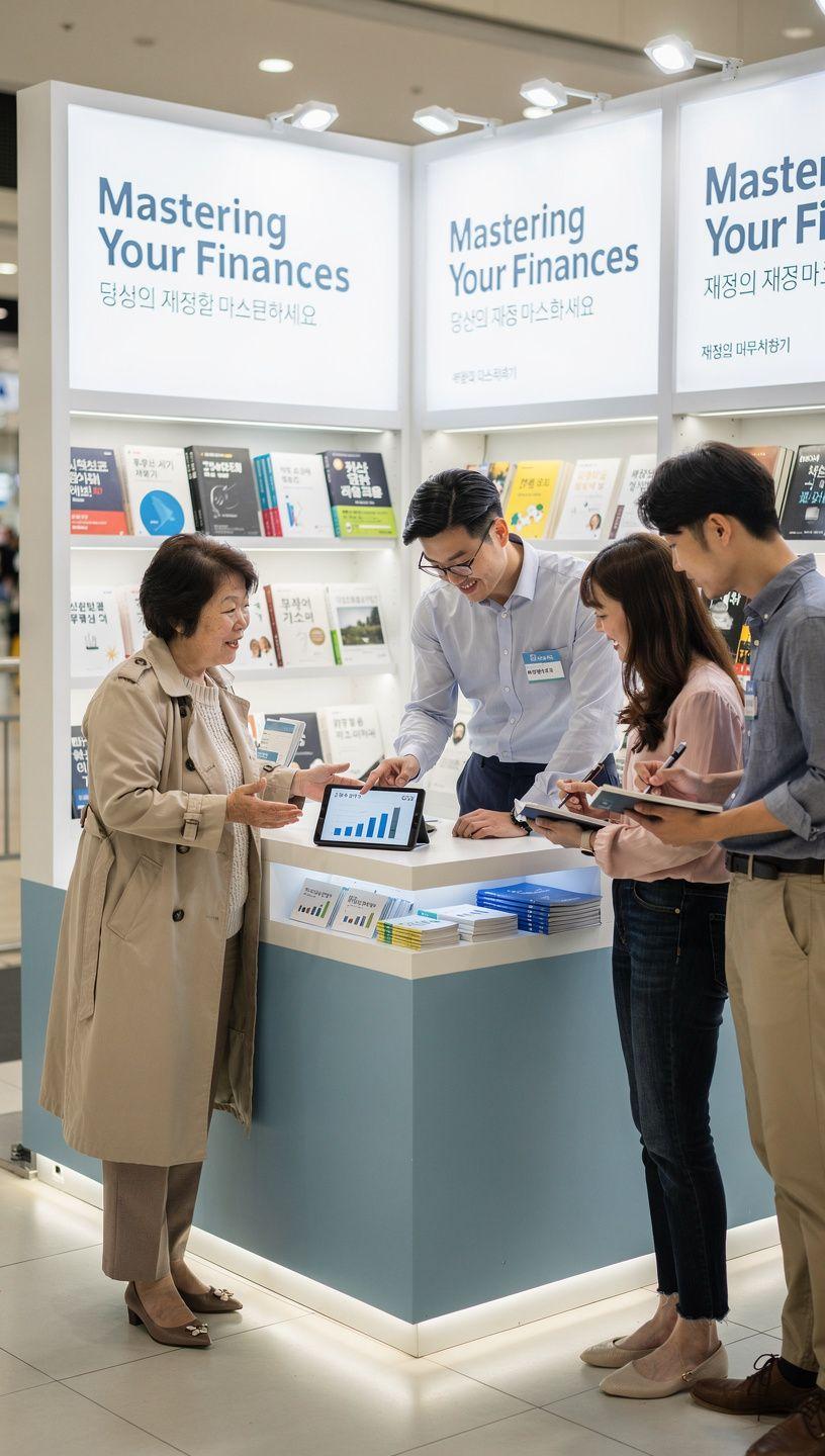 Stánok v nákupnom centre s knihami o osobných financiách, vzdelávacími nástrojmi a konzultáciami naživo so zákazníkmi.